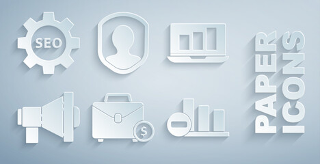 Poster - Set Briefcase and money, Laptop with graph chart, Megaphone, Pie infographic, User protection and Seo tag gear wheel icon. Vector