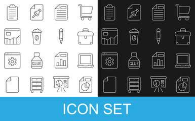 Poster - set line document with graph chart, laptop, briefcase, file document, coffee cup go, graph infograph