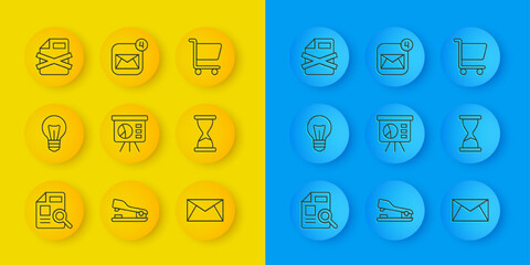 Poster - Set line Document with graph chart, Light bulb, Board, Mail and e-mail, Old hourglass, Delete file document, Shopping cart and Envelope icon. Vector