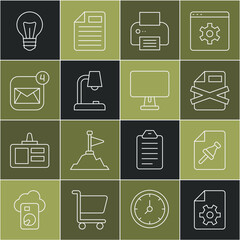 Poster - Set line Document settings, Note paper with push button, Delete file document, Printer, Table lamp, Envelope, Light bulb and Computer monitor icon. Vector