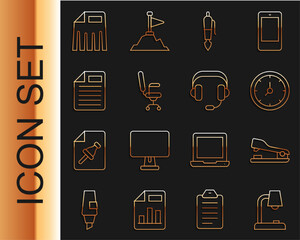 Poster - set line table lamp, stapler, clock, fountain pen nib, office chair, file document, paper shredder a