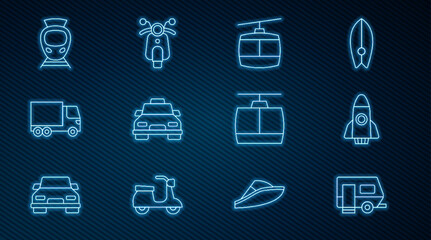 Set line Rv Camping trailer, Rocket ship, Cable car, Taxi, Delivery cargo truck, Tram and railway, and Scooter icon. Vector