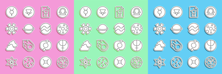 Wall Mural - Set line Sun, Neptune planet, Full moon, Star constellation zodiac, Planet Saturn, Symbol Mercury and icon. Vector