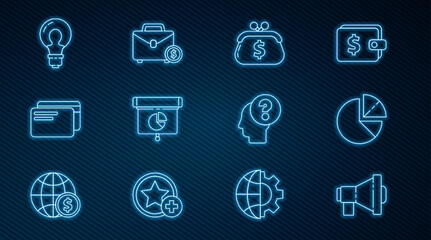 Poster - Set line Megaphone, Pie chart infographic, Wallet with dollar, Graph, chart, diagram,, Credit card, Light bulb concept of idea, Human head question mark and Briefcase and money icon. Vector