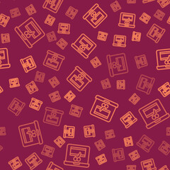 Poster - Brown line Video recorder or editor software on laptop icon isolated seamless pattern on red background. Video editing on a laptop. Vector