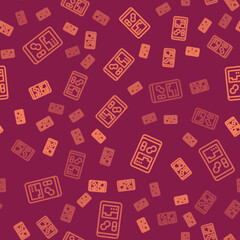 Poster - Brown line Portable video game console icon isolated seamless pattern on red background. Handheld console gaming. Vector