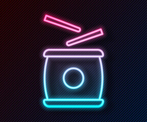 Poster - Glowing neon line Chinese drum icon isolated on black background. Traditional asian percussion instrument Taiko or O-Daiko drum. Vector