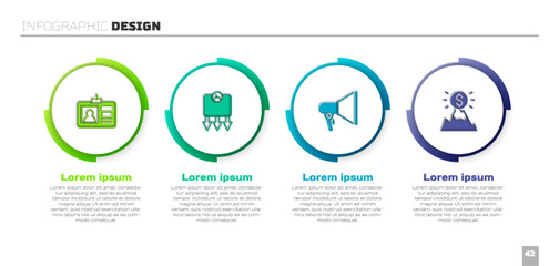 Poster - Set Identification badge, Weight loss, Megaphone and Mountains with flag. Business infographic template. Vector