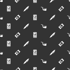 Poster - Set Smoking pipe, Cinema ticket, Portable video game console and Pen on seamless pattern. Vector