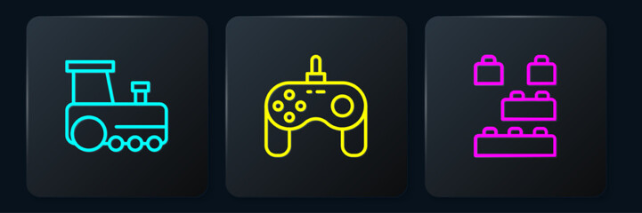 Set line Toy train, building block bricks and Gamepad. Black square button. Vector