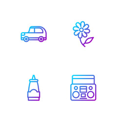 Set line Home stereo with two speakers, Sauce bottle, Car and Flower. Gradient color icons. Vector