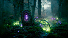Fairy Magical Portal In Fantasy Forest. Purple Light At Dawn. Digital Painting Scenery.