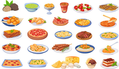 Italian food set vector illustration. Cartoon isolated pizza and pasta, fried fastfood snacks with cheese and desserts, homemade and restaurant dinner dishes and sauces cooking in cuisine of Italy