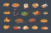 Japanese Cuisine Set, Asian Food Vector Illustration. Collection Of Restaurant Lunch Menu From Japan. Cartoon Isolated Sushi And Rolls, Wooden Chopsticks And Bowls With Cooked Ramen And Udon Noodle.