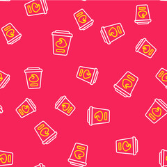 Sticker - Line Yogurt container icon isolated seamless pattern on red background. Yogurt in plastic cup. Vector