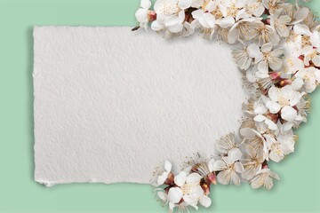 Wall Mural - Blank paper card with fresh flowers, wedding invitation