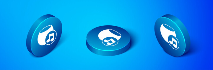 Poster - Isometric Voice assistant icon isolated on blue background. Voice control user interface smart speaker. Blue circle button. Vector