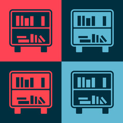 Wall Mural - Pop art Shelf with books icon isolated on color background. Shelves sign. Vector