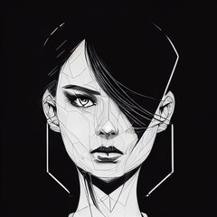 Beautiful cyberpunk woman. Strong woman warrior. Black ink illustration