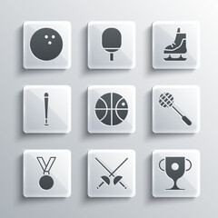 Wall Mural - Set Fencing, Award cup, Tennis racket, Basketball ball, Medal, Baseball bat, Bowling and Skates icon. Vector