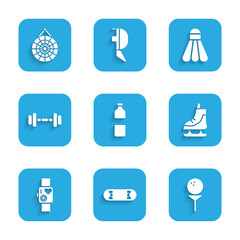 Sticker - Set Bottle of water, Skateboard trick, Golf ball on tee, Skates, Smart watch showing heart beat rate, Dumbbell, Badminton shuttlecock and Classic dart icon. Vector