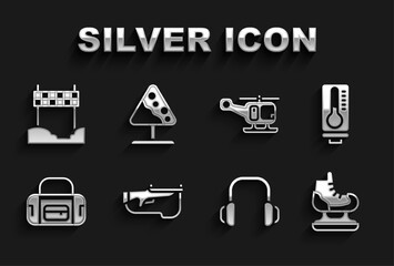 Sticker - Set Biathlon rifle, Meteorology thermometer, Skates, Winter headphones, Sport bag, Rescue helicopter, Ribbon finishing line and Road sign avalanches icon. Vector