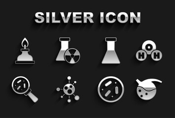 Set Molecule, Chemical formula for H2O, Test tube and flask, Petri dish with bacteria, Microorganisms under magnifier, Alcohol spirit burner and radiation icon. Vector