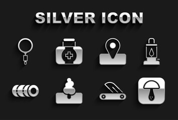 Sticker - Set Tree, Camping lantern, Mushroom, Swiss army knife, Blanket roll, Location for camping, Magnifying glass and First aid kit icon. Vector