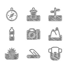 Sticker - Set Photo camera, Swiss army knife, Hiking backpack, Mountains, Sunrise, Bottle of water, Road traffic sign and Compass icon. Vector