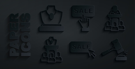 Sticker - Set Price tag with Sale, Auction auctioneer sells, jewelry sale, hammer, and icon. Vector