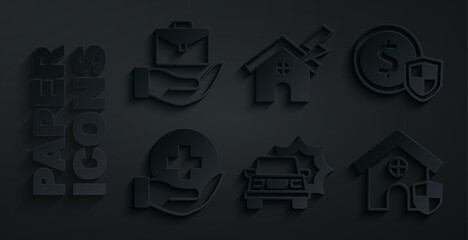 Wall Mural - Set Car accident, Money with shield, Life insurance, House, and lightning and Hand holding briefcase icon. Vector