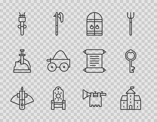 Canvas Print - Set line Battle crossbow with arrow, Castle, fortress, Medieval castle gate, throne, Torch flame, Wooden four-wheel cart, Trumpet flag and Old key icon. Vector