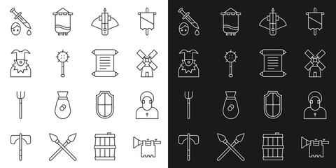 Sticker - Set line Trumpet with flag, Monk, Windmill, Battle crossbow arrow, Medieval chained mace ball, Joker head, Sword blood and Decree, parchment, scroll icon. Vector