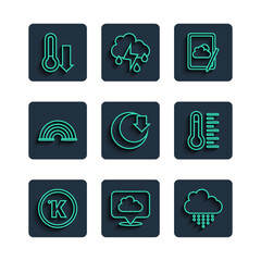 Sticker - Set line Kelvin, Location cloud, Cloud with rain, Weather forecast, Moon, Rainbow, Meteorology thermometer and icon. Vector