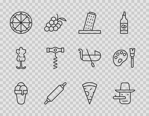 Sticker - Set line Ice cream, Pinocchio, Tower Pisa, Rolling pin, Pizza, Wine corkscrew, Slice of pizza and Paint brush with palette icon. Vector