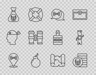 Poster - Set line Location pirate, Pirate coin, Bomb ready to explode, Binoculars, treasure map and Decree, parchment, scroll icon. Vector