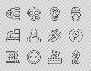 Wall Mural - Set line Radioactive waste in barrel, Nuclear bomb, Electrical outlet, reactor worker, and Light bulb with concept of idea icon. Vector