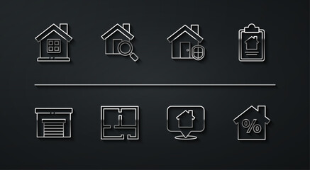 Sticker - Set line House, Garage, contract, Location with house, plan, Search, percant discount and under protection icon. Vector