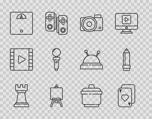 Wall Mural - Set line Business strategy, Playing cards, Photo camera, Easel or painting art boards, Bathroom scales, Joystick for arcade machine, Cooking pot and Pencil with eraser icon. Vector