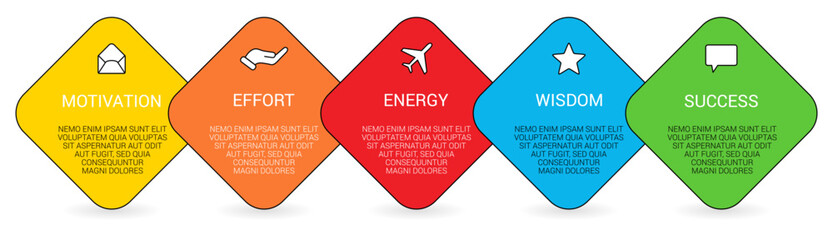 Wall Mural - Five rotated squares on the bias arranged next to each other, can be used as infographics element illustrating steps in process