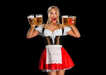 Beer for Oktoberfest from sexy girl in traditional german dirndl. Photography for advertising design at Oktoberfest 2022