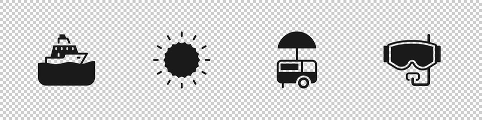 Sticker - Set Cruise ship, Sun, Fast street food cart and Diving mask icon. Vector