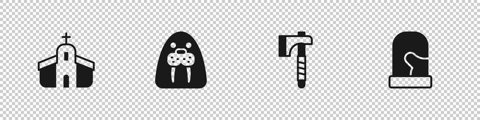 Sticker - Set Church building, Walrus animal, Wooden axe and Christmas mittens icon. Vector