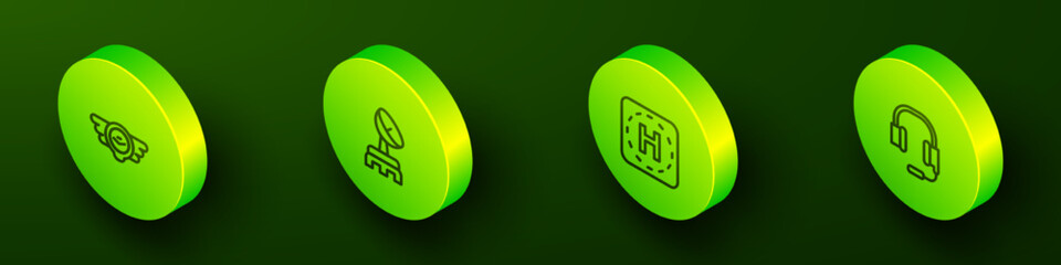 Poster - set isometric line aviation emblem, radar, helicopter landing pad and headphones with microphone ico