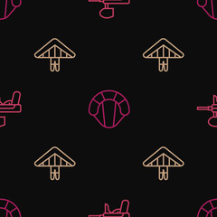 Poster - Set line Paintball gun, Hang glider and Parachute on seamless pattern. Vector