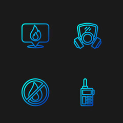 Sticker - Set line Walkie talkie, No fire, Location with flame and Gas mask. Gradient color icons. Vector