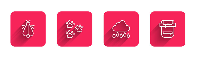 Sticker - Set line Mosquito, Paw print, Cloud with rain and Hiking backpack with long shadow. Red square button. Vector