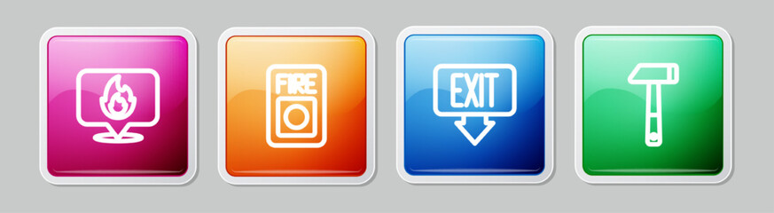 Wall Mural - Set line Location with fire flame, Fire alarm system, exit and Hammer. Colorful square button. Vector