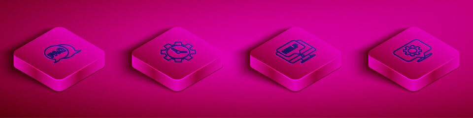Poster - Set Isometric line Speech bubble with FAQ, Time Management, Computer monitor and help and Location gear icon. Vector