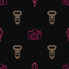 Wall Mural - Set line Dust blower, Photo camera flash and on seamless pattern. Vector